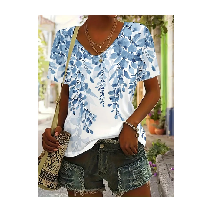 Women Floral Short Sleeve Tee T-shirt V Neck Printing Casual Summer Graphic Tee Top