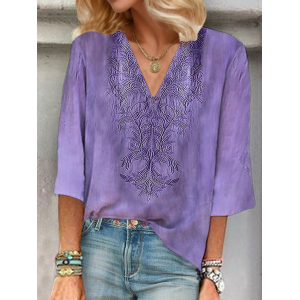 Women Floral Three Quarter Sleeve Blouse Spring/Fall Printing V Neck Daily Casual Top