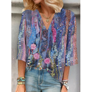 Women Floral Three Quarter Sleeve Blouse Spring/Fall Printing V Neck Daily Casual Top