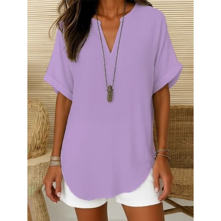 Women Plain Short Sleeve Shirt Summer Printing V Neck Daily Casual Top