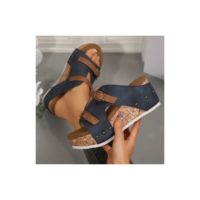 Pu Summer Western Style Color Block Slide Sandals