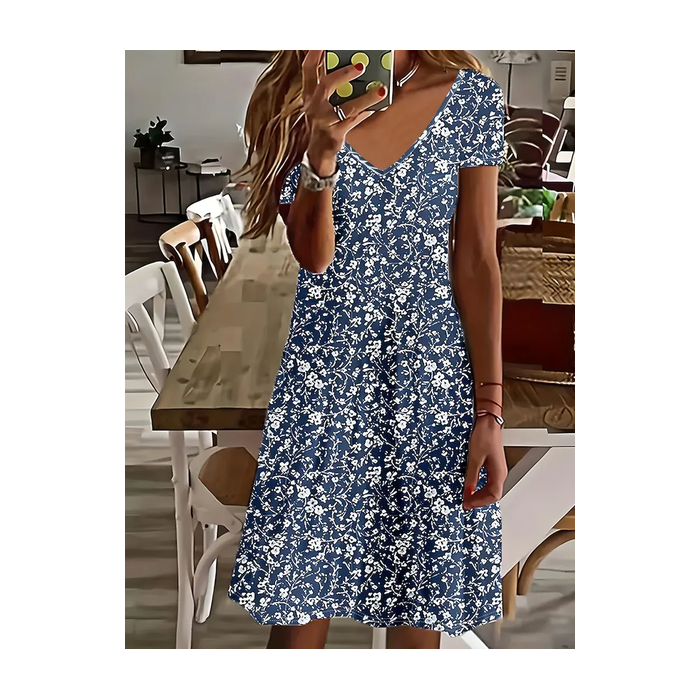 Women Floral Short Sleeve Summer Printing Dress V Neck Daily Casual Midi Fit & Flare Dress A-Line Dress