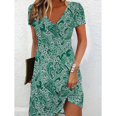 Women Paisley Short Sleeve Summer Printing Dress V Neck Daily Casual Midi Fit & Flare Dress A-Line Dress