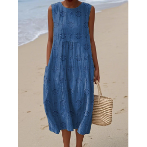 Women Floral Sleeveless Summer Printing Dress Crew Neck Daily Casual Maxi Tank H-Line Dress