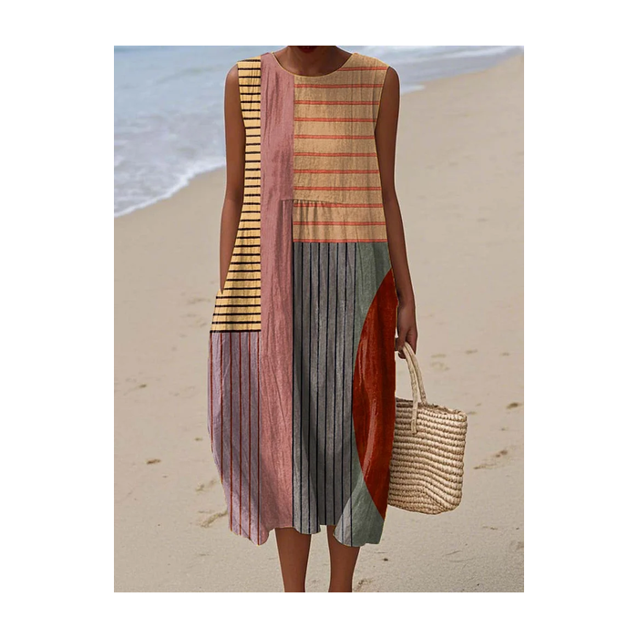 Women Striped Sleeveless Summer Printing Dress Crew Neck Daily Casual Maxi Tank H-Line Dress