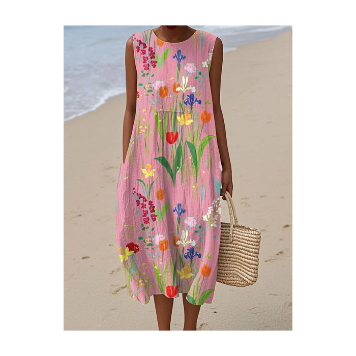 Women Floral Sleeveless Summer Printing Dress Crew Neck Daily Casual Maxi Tank H-Line Dress