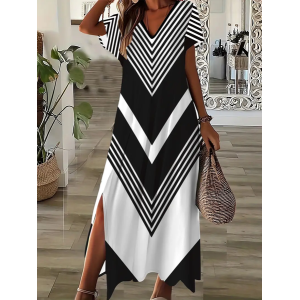 Women Geometric Short Sleeve Summer Printing Dress V Neck Daily Casual Maxi X-Line Dress