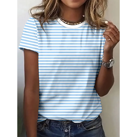 Women Striped Short Sleeve Tee T-shirt Crew Neck Printing Casual Summer Graphic Tee Top
