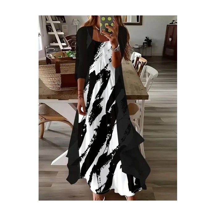 Women Abstract Printing Two-Piece Set Daily Three Quarter Sleeve Casual Spring/Fall Dress With Coat Matching Set