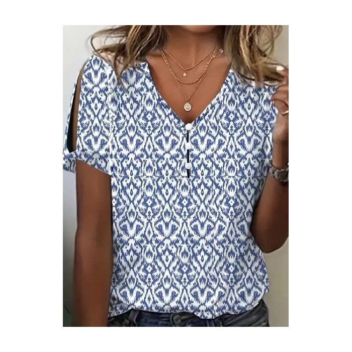Women Geometric Short Sleeve Tee T-shirt V Neck Printing Casual Summer Top