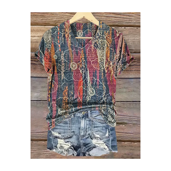 Women Floral Short Sleeve Tee T-shirt V Neck Printing Casual Summer Graphic Tee Top