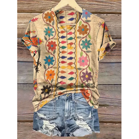 Women Floral Short Sleeve Tee T-shirt V Neck Printing Casual Summer Graphic Tee Top