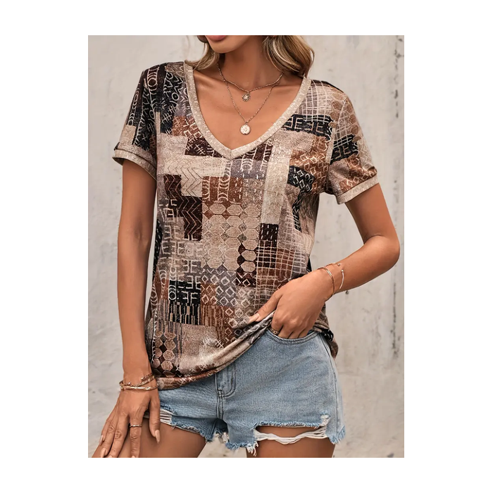 Women Geometric Short Sleeve Tee T-shirt V Neck Printing Casual Summer Graphic Tee Top