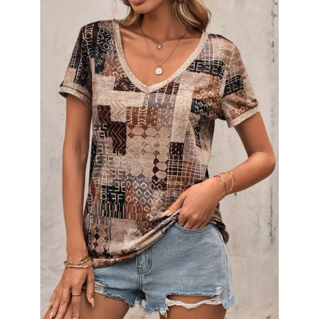 Women Geometric Short Sleeve Tee T-shirt V Neck Printing Casual Summer Graphic Tee Top