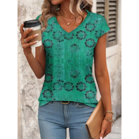 Women Floral Short Sleeve Tee T-shirt V Neck Printing Casual Summer Graphic Tee Top