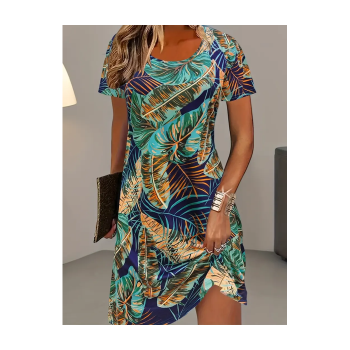 Women Leaf Short Sleeve Summer Printing Dress Crew Neck Daily Casual Mini Tunic H-Line Dress