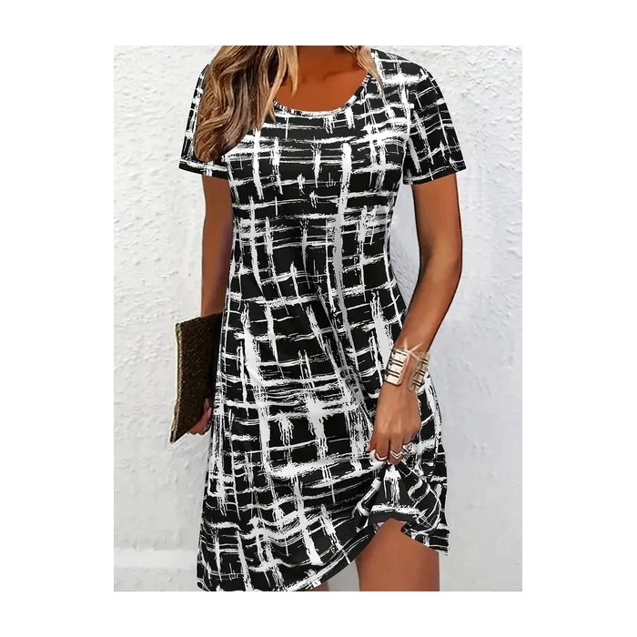 Women Abstract Plaid Short Sleeve Summer Printing Dress Crew Neck Daily Casual Mini Tunic H-Line Dress