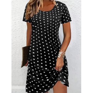Women Polka Dots Short Sleeve Summer Printing Dress Crew Neck Daily Casual Mini Tunic H-Line Dress