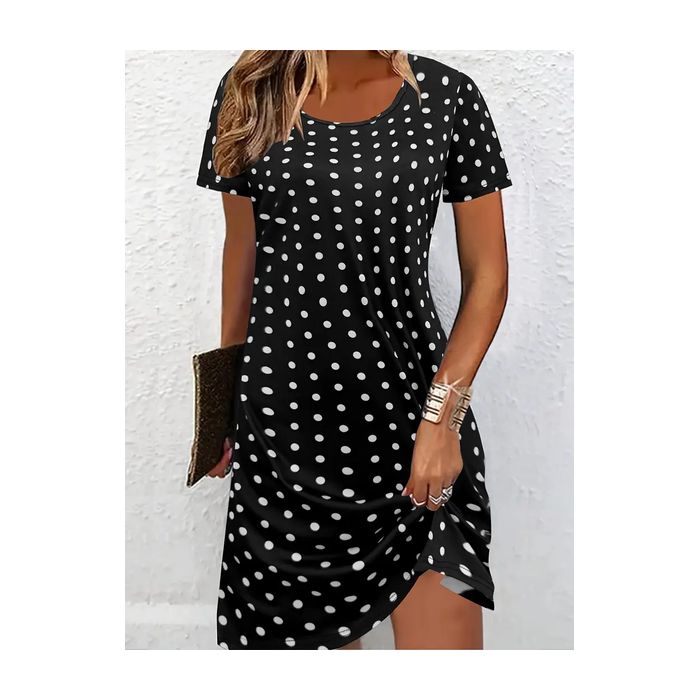 Women Polka Dots Short Sleeve Summer Printing Dress Crew Neck Daily Casual Mini Tunic H-Line Dress