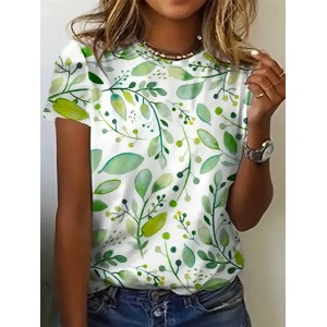 Women Floral Short Sleeve Tee T-shirt Crew Neck Printing Casual Summer Graphic Tee Top
