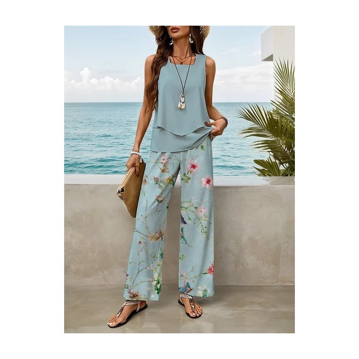 Women Floral Printing Two-Piece Set Daily Sleeveless Casual Summer Top With Pants Matching Set