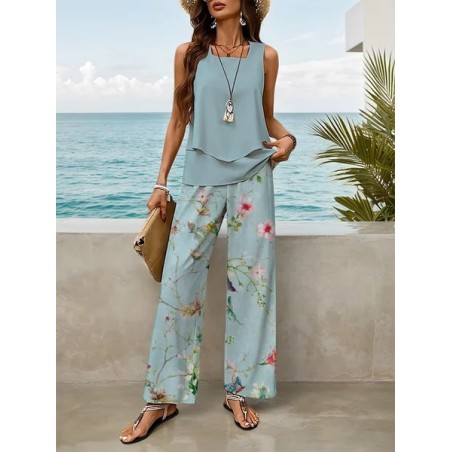 Women Floral Printing Two-Piece Set Daily Sleeveless Casual Summer Top With Pants Matching Set