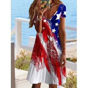 Women America Flag Short Sleeve Summer Printing Dress V Neck Daily Casual Midi Fit & Flare Dress A-Line Dress