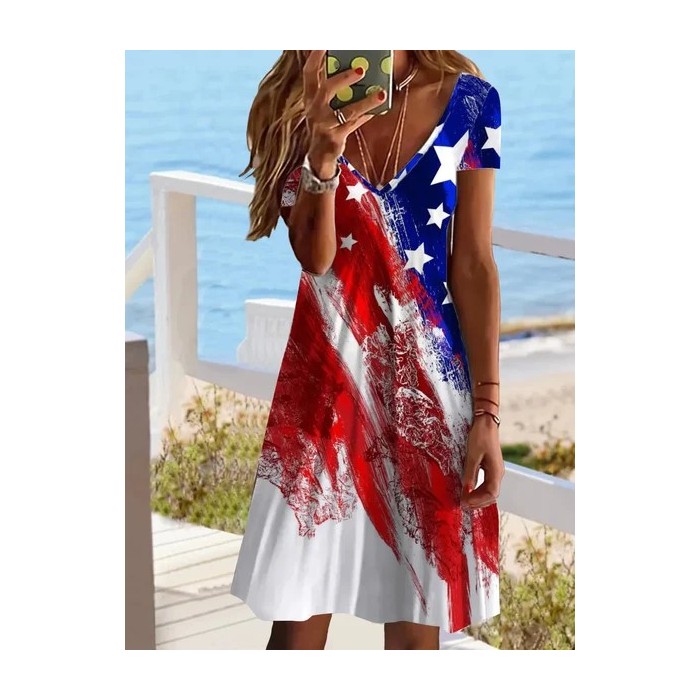 Women America Flag Short Sleeve Summer Printing Dress V Neck Daily Casual Midi Fit & Flare Dress A-Line Dress