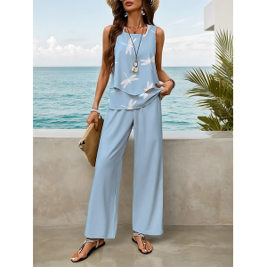 Women Dragonfly Printing Two-Piece Set Daily Sleeveless Casual Summer Top With Pants Matching Set