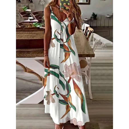Women Floral Sleeveless Summer Printing Dress V Neck Daily Casual Maxi Slip Dress X-Line Dress