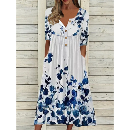 Women Floral Half Sleeve Summer Printing Dress Half Open Collar Daily Casual Maxi A-Line Dress