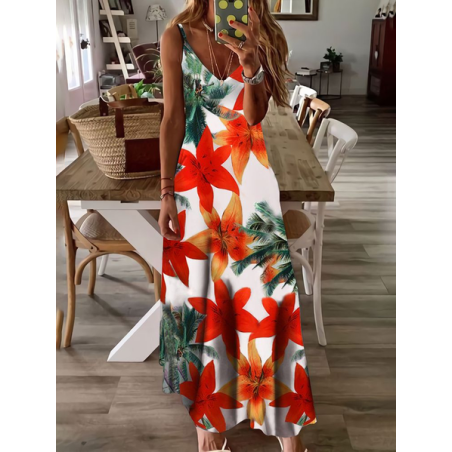 Women Floral Sleeveless Summer Printing Dress V Neck Daily Casual Maxi Slip Dress X-Line Dress