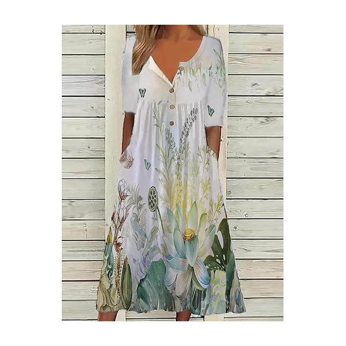Women Floral Half Sleeve Summer Printing Dress Half Open Collar Daily Casual Maxi A-Line Dress