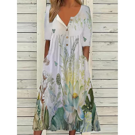 Women Floral Half Sleeve Summer Printing Dress Half Open Collar Daily Casual Maxi A-Line Dress