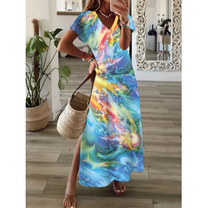Women Abstract Short Sleeve Summer Printing Dress V Neck Daily Casual Maxi X-Line Dress
