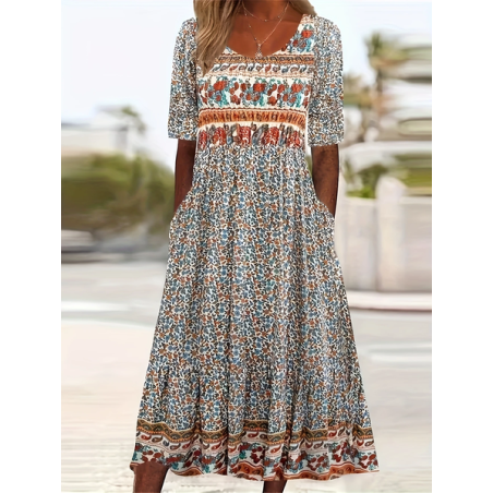 Women Floral Short Sleeve Summer Printing Dress Crew Neck Daily Casual Maxi Shift Dress H-Line Dress