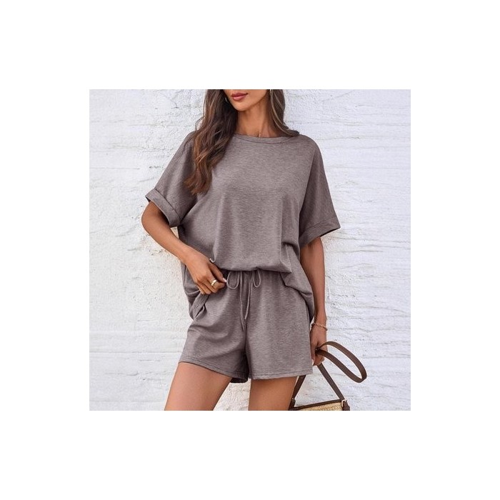 Women Plain Pocket Stitching Dolman Sleeve Two-Piece Set Daily Half Sleeve Casual Summer Top With Pants Matching Set