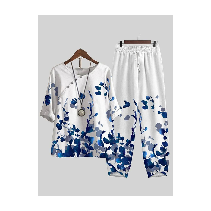 Women Floral Printing Two-Piece Set Daily Half Sleeve Casual Summer Top With Pants Matching Set