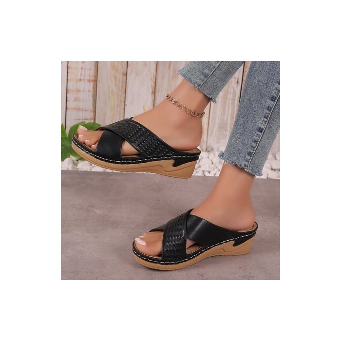 Hollow Cross Strap Thick-soled Sandals For Women Cross-border Velcro Solid Color Lightweight Wedge Heel Beach Sandals