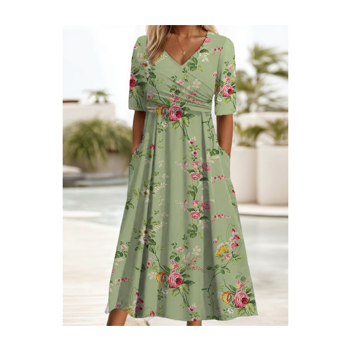 Women Floral Short Sleeve Summer Printing Dress V Neck Daily Casual Maxi A-Line Dress