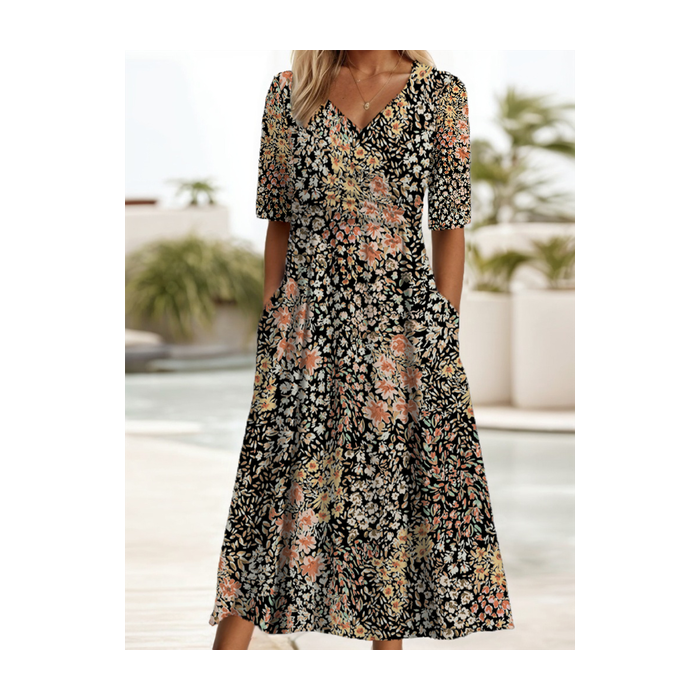 Women Floral Short Sleeve Summer Printing Dress V Neck Daily Casual Maxi A-Line Dress