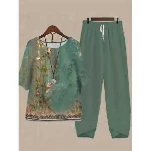 Women Floral Printing Two-Piece Set Daily Half Sleeve Casual Summer Top With Pants Matching Set