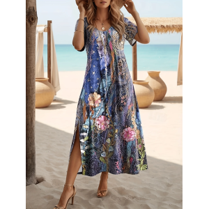 Women Floral Short Sleeve Summer Printing Dress Crew Neck Daily Casual Maxi Fit & Flare Dress A-Line Dress