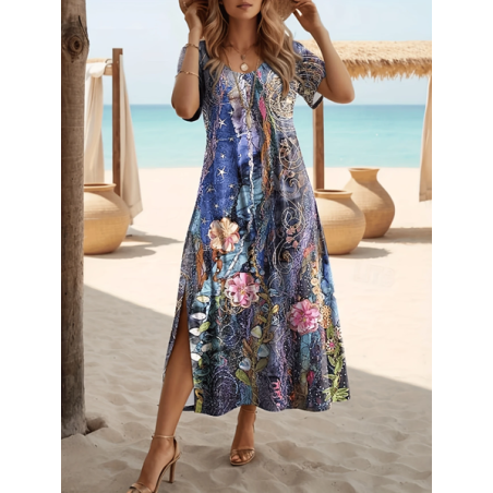 Women Floral Short Sleeve Summer Printing Dress Crew Neck Daily Casual Maxi Fit & Flare Dress A-Line Dress