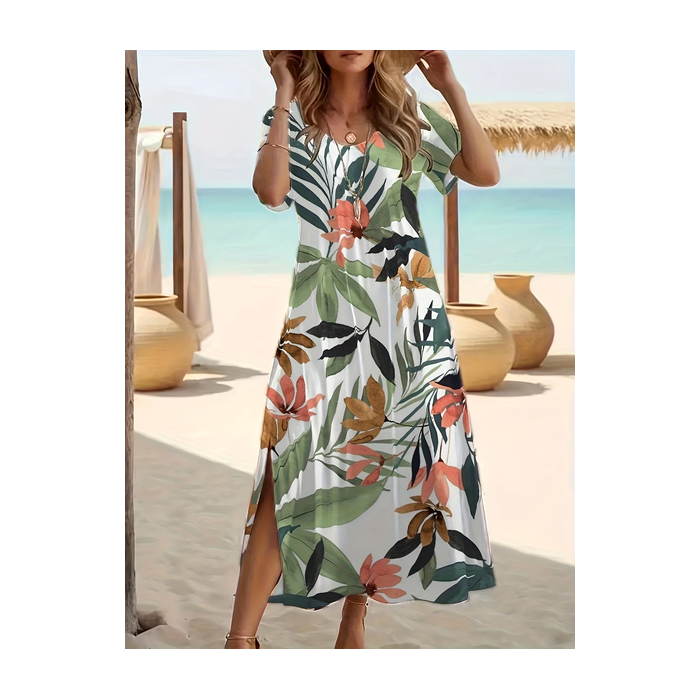 Women Floral Short Sleeve Summer Printing Dress Crew Neck Daily Casual Maxi Fit & Flare Dress A-Line Dress
