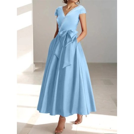 Women's Summer V Neck Light Blue Long Wedding Guest Formal Dress With Bow