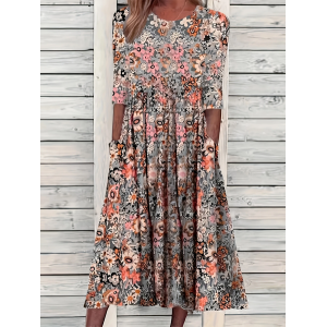 Women Floral Short Sleeve Summer Printing Dress Crew Neck Daily Casual Maxi Shift Dress H-Line Dress