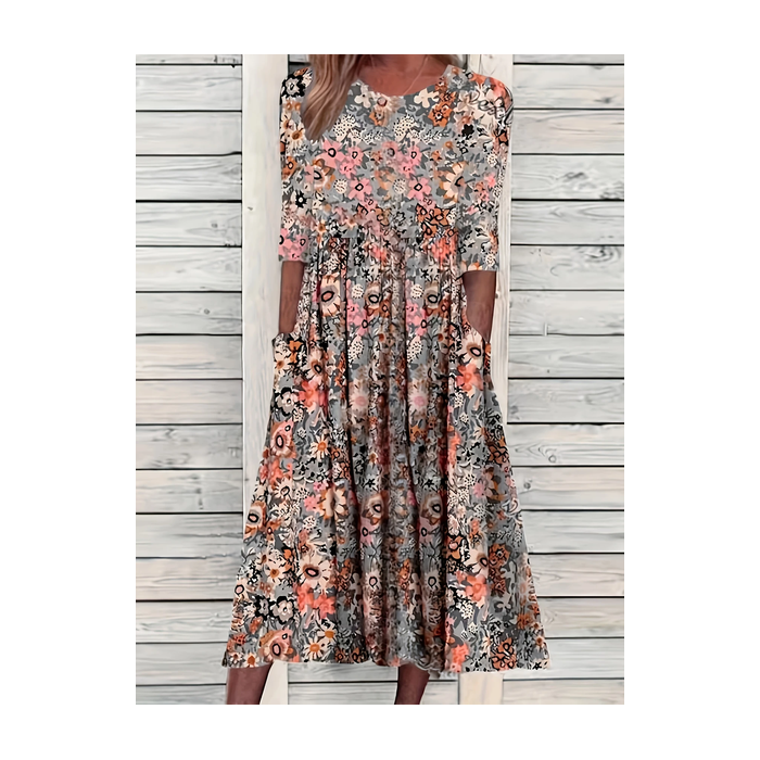 Women Floral Short Sleeve Summer Printing Dress Crew Neck Daily Casual Maxi Shift Dress H-Line Dress