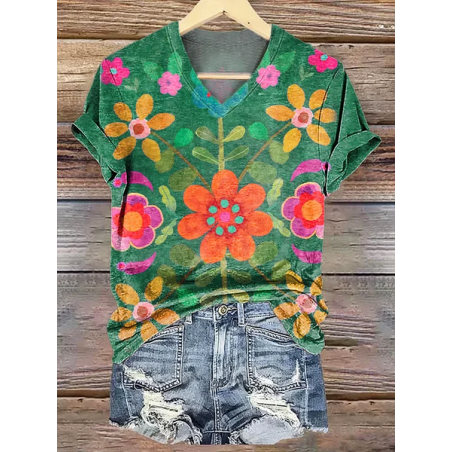 Women Floral Short Sleeve Tee T-shirt V Neck Printing Casual Summer Graphic Tee Top