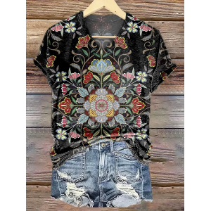 Women Floral Short Sleeve Tee T-shirt V Neck Casual Summer Graphic Tee Top
